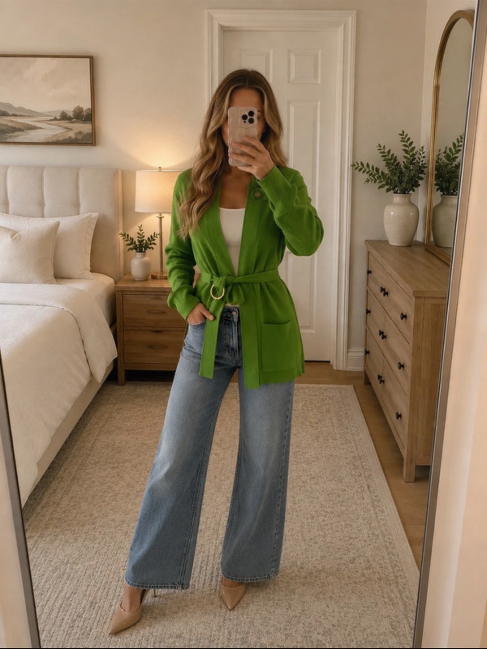 Green Belted Cardigan Per Se made with silk size M